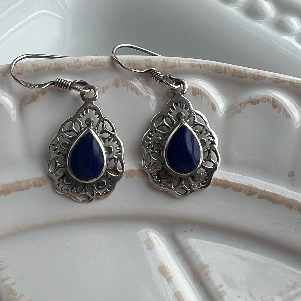 Teardrop Stone Earrings Vintage Sterling Silver NOS 925 Filigree Dangle